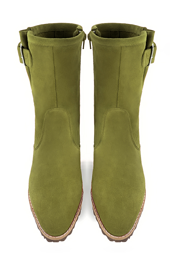 Pistachio green women's ankle boots with buckles on the sides. Round toe. Medium block heels. Top view - Florence KOOIJMAN
